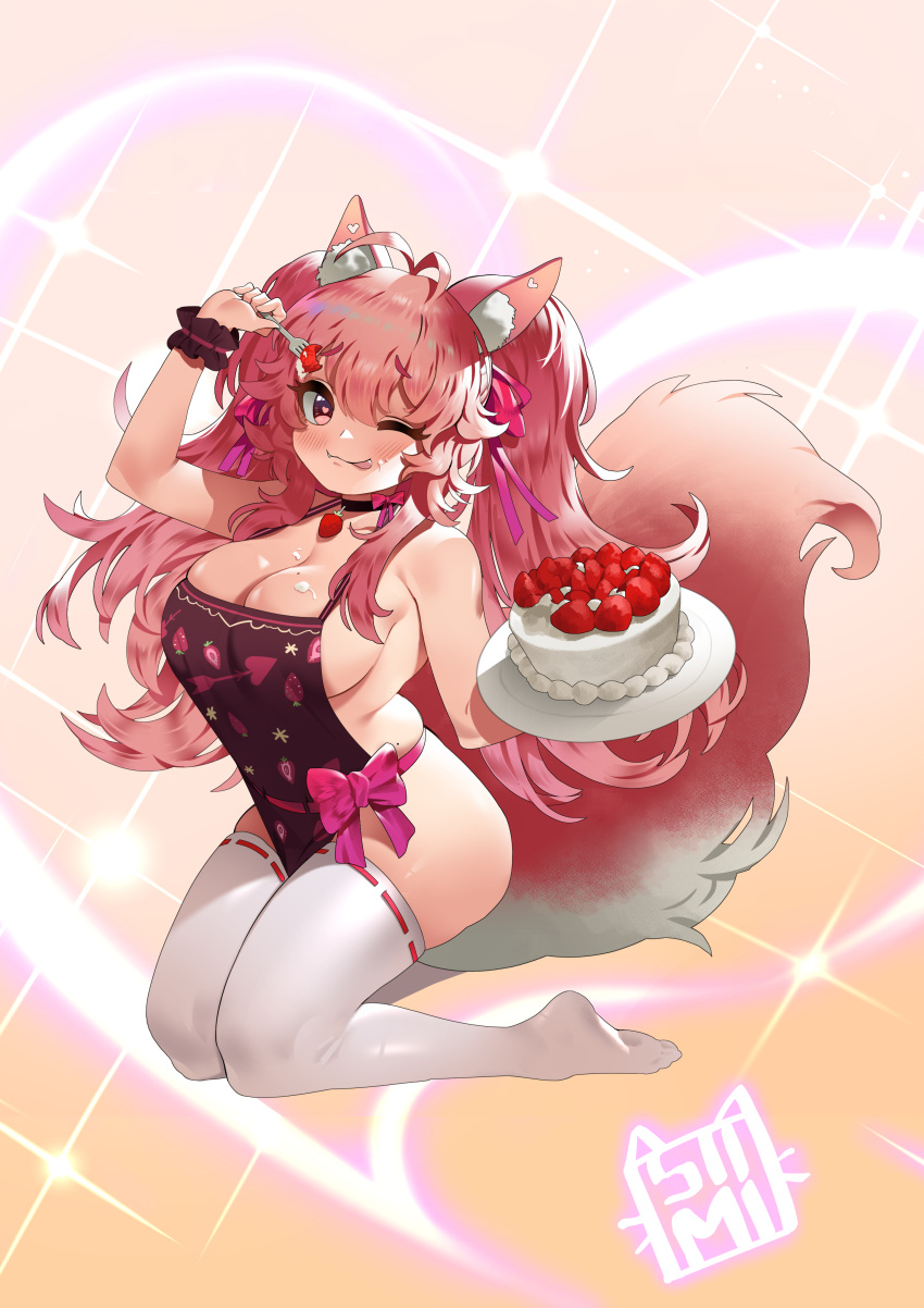 1girl ;p absurdres animal_ear_fluff animal_ears apron blush breasts bsue cake cream_on_body eyebrows_visible_through_hair fate/extra fate_(series) food fork fox_ears fox_tail fruit hair_between_eyes hair_ornament heart heart-shaped_pupils highres large_breasts long_hair looking_at_viewer mole mole_on_breast naked_apron no_bra no_panties one_eye_closed pink_eyebrows pink_eyes pink_hair pink_pupils smile solo strawberry symbol-shaped_pupils tail tamamo_(fate)_(all) tamamo_no_mae_(fate) thigh-highs tongue tongue_out twintails type-moon white_legwear