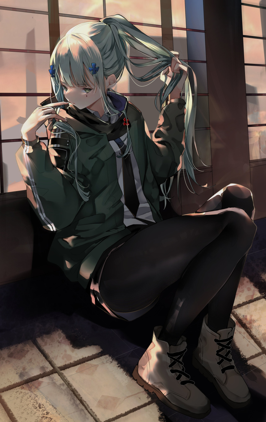 1girl absurdres agent_416_(girls_frontline) bangs boots commentary facial_mark finger_to_mouth full_body girls_frontline green_eyes green_jacket hair_ornament highres hk416_(girls_frontline) jacket long_hair long_sleeves necktie open_clothes open_jacket pantyhose playing_with_own_hair ponytail sakippo_(sakippo0) shirt shorts sidelocks silver_hair sitting solo tom_clancy's_the_division white_shirt window