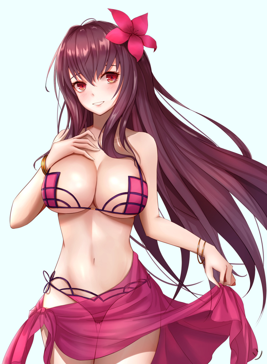 1girl :d alternate_costume bikini bracelet breasts cleavage collarbone fate/grand_order fate_(series) flower hair_flower hair_intakes hair_ornament hand_on_own_chest hibiscus highres jewelry kunai large_breasts lifted_by_self long_hair looking_at_viewer navel open_mouth pink_bikini purple_bikini purple_hair purple_sarong red_eyes sarong scathach_(fate)_(all) scathach_(fate/grand_order) scathach_(swimsuit_assassin)_(fate) simple_background smile smile_(dcvu7884) solo swimsuit under_boob weapon white_background