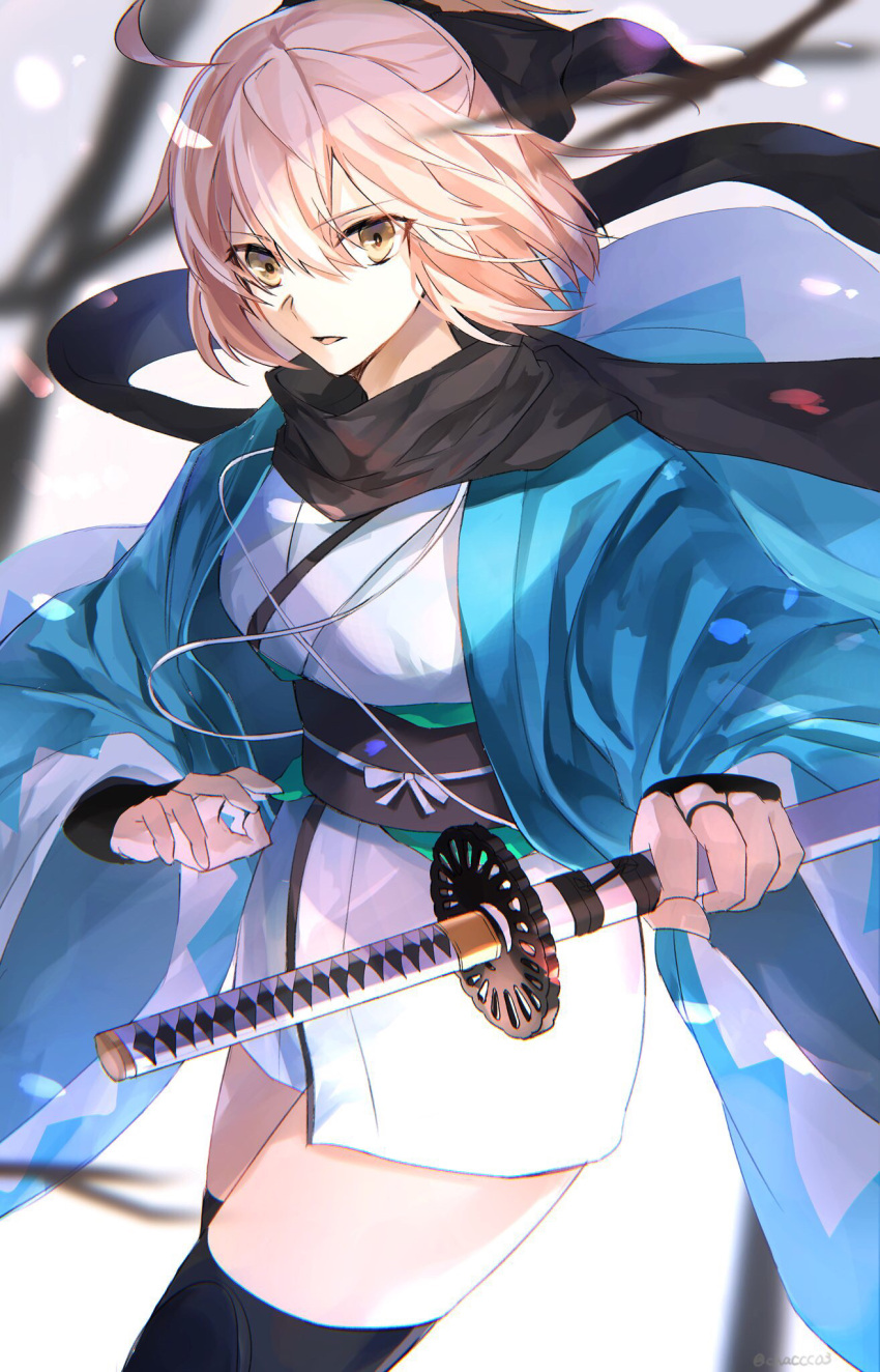 1girl ahoge black_bow black_legwear black_scarf blonde_hair blurry blurry_background bow cowboy_shot eyebrows_visible_through_hair fate/grand_order fate_(series) hair_between_eyes hair_bow haori highres holding holding_sheath holding_sword holding_weapon hoshi_rasuku japanese_clothes katana kimono long_sleeves looking_at_viewer obi okita_souji_(fate) okita_souji_(fate)_(all) open_mouth petals sash scarf sheath sheathed short_hair short_kimono solo standing sword thigh-highs weapon white_kimono yellow_eyes zettai_ryouiki