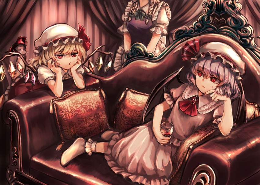 3girls blonde_hair braid commentary_request couch crystal cup demon_wings dress drinking_glass flandre_scarlet hands_on_own_cheeks hands_on_own_face hat hat_ribbon highres holding holding_cup indoors izayoi_sakuya lavender_hair looking_at_another maid medium_hair mob_cap multiple_girls nail_polish nervous on_couch pink_dress puffy_short_sleeves puffy_sleeves red_eyes red_nails red_ribbon red_skirt red_vest reika_winter remilia_scarlet ribbon shirt short_sleeves siblings silver_hair sisters skirt touhou twin_braids vampire vest white_shirt wine_glass wings