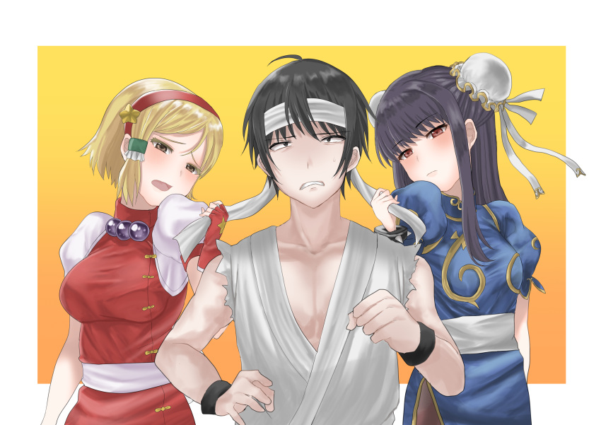 1boy 2girls aasa_sa absurdres arms_at_sides black_eyes black_hair black_wristband blush bracelet breasts brown_eyes bun_cover capcom chun-li chun-li_(cosplay) clenched_hand cosplay double_bun dougi fingerless_gloves gloves gold_trim gradient gradient_background hairband headband hidaka_koharu high_score_girl highres jewelry long_hair looking_at_viewer medium_breasts multiple_girls oono_akira open_mouth puffy_short_sleeves puffy_sleeves red_gloves red_hairband ryuu_(street_fighter) ryuu_(street_fighter)_(cosplay) short_hair short_sleeves sidelocks spiked_bracelet spikes standing street_fighter upper_body white_headband yaguchi_haruo yellow_background