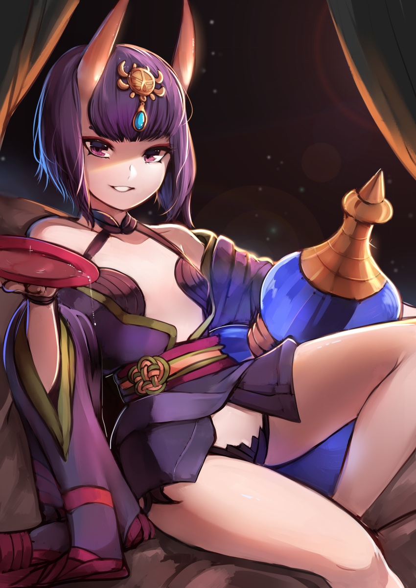 1girl absurdres bangs bare_shoulders bob_cut breasts cup eyeliner fate/grand_order fate_(series) gourd headpiece highres horns japanese_clothes kimono long_sleeves looking_at_viewer makeup off_shoulder oni oni_horns open_clothes open_kimono parted_lips purple_hair purple_kimono rayrie revealing_clothes sakazuki sash short_eyebrows short_hair shuten_douji_(fate/grand_order) sitting small_breasts smile solo thighs violet_eyes wide_sleeves