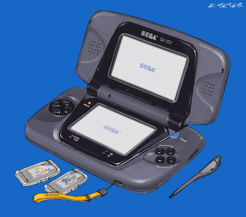 artist_name blue_background buttons cartridge commentary fusion handheld_game_console highres logo nintendo nintendo_ds no_humans peter_(peter6409) puyopuyo sega sega_game_gear signature sonic sonic_the_hedgehog strap stylus