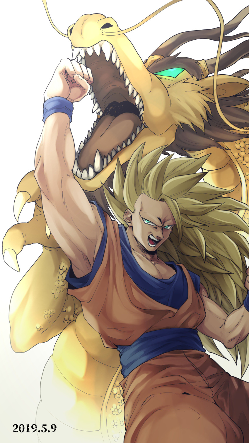 1boy 2019 absurdres animal aqua_eyes blonde_hair clenched_hand commentary_request dated dougi dragon dragon_ball dragonball_z fighting_stance fingernails green_eyes highres long_hair male_focus no_eyebrows open_mouth oshiruko_(oshiruko0803) outstretched_arm partial_commentary sharp_teeth simple_background son_gokuu super_saiyan_3 teeth upper_body very_long_hair whiskers white_background wristband