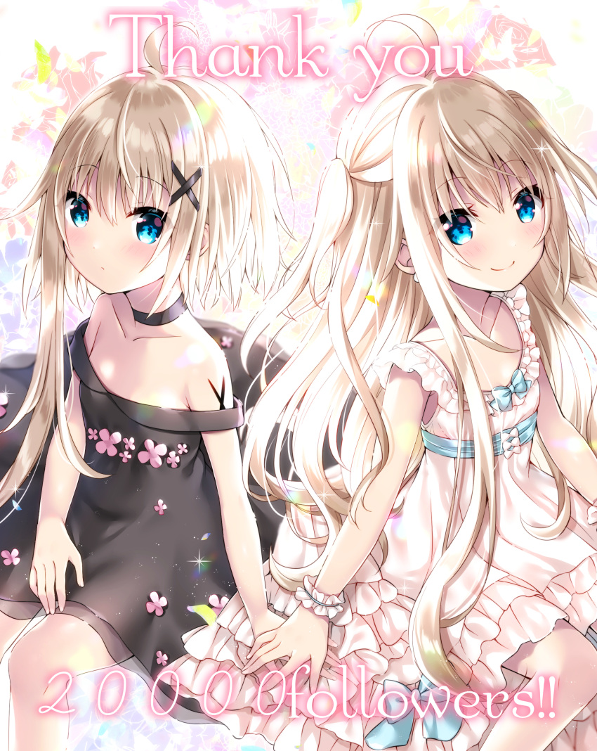 2girls absurdres ahoge asymmetrical_hair bangs bare_shoulders black_choker black_dress blonde_hair blue_eyes blush choker closed_mouth collarbone commentary_request dress dual_persona eyebrows_visible_through_hair flower followers glint hair_between_eyes hair_ornament hands_together highres looking_at_viewer multiple_girls off-shoulder_dress off_shoulder original pink_flower sleeveless sleeveless_dress smile thank_you tia-chan two_side_up uchuuneko white_dress wrist_cuffs x_hair_ornament