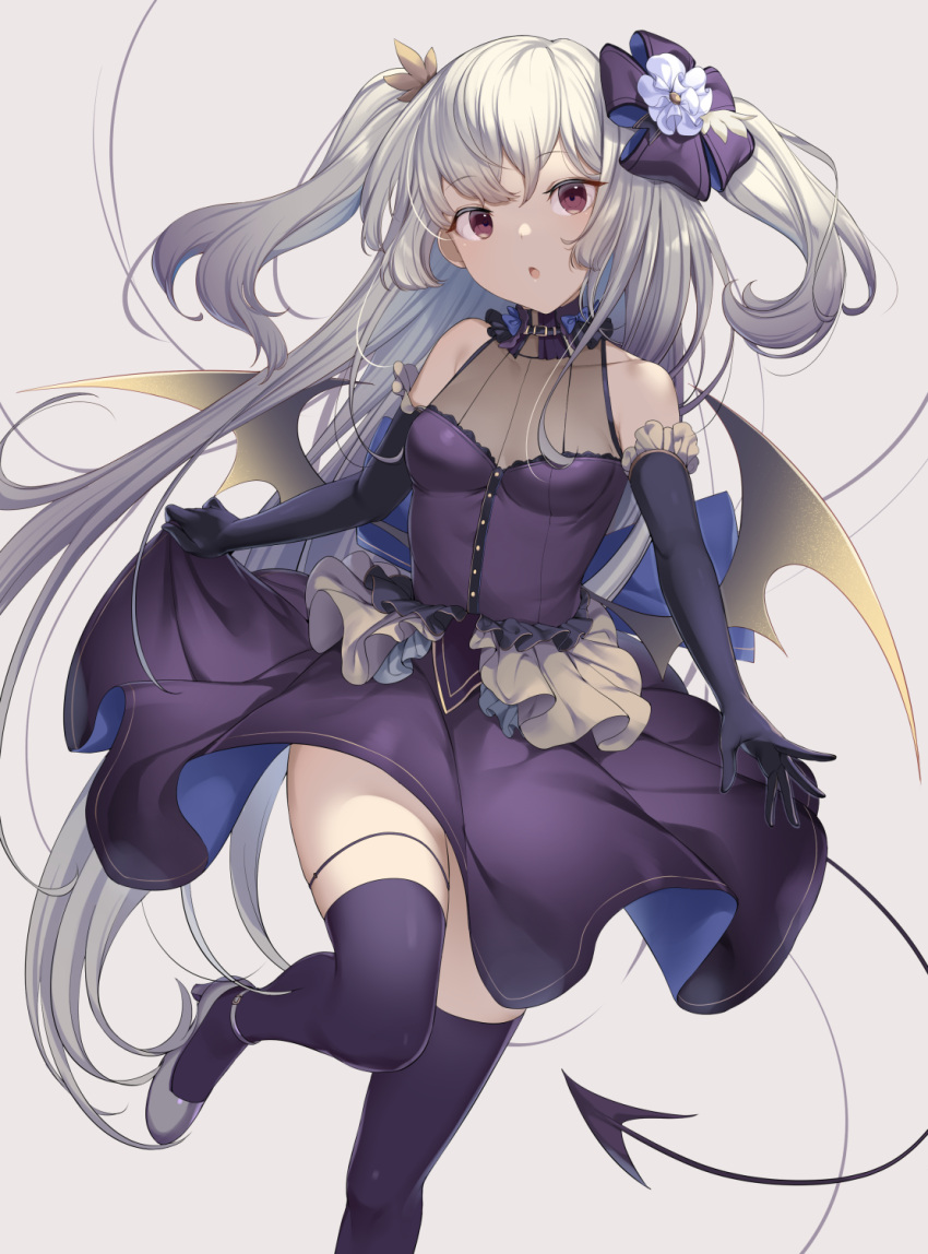 1girl :o bare_shoulders black_gloves black_legwear breasts brown_eyes collar collarbone commentary_request demon_tail dress elbow_gloves floating_hair gloves grey_background grey_footwear hair_ribbon highres ikomochi leg_up long_hair looking_at_viewer medium_breasts original parted_lips purple_ribbon ribbon shoes silver_hair sleeveless sleeveless_dress solo standing standing_on_one_leg tail thigh-highs two_side_up very_long_hair