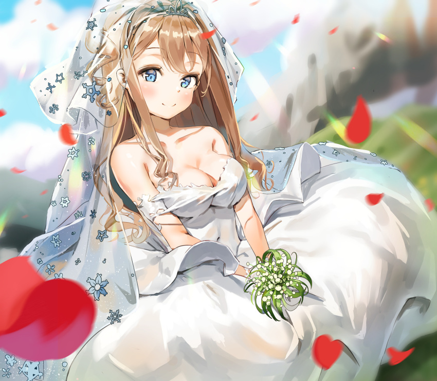 1girl absurdres bangs bare_arms bare_shoulders blue_eyes blurry blurry_background blush breasts bridal_veil bride cleavage commentary_request dress eyebrows_visible_through_hair flower girls_frontline hair_between_eyes hair_ornament hairband highres holding holding_flower kian large_breasts leaf long_hair looking_at_viewer navel smile snowflakes solo suomi_kp31_(girls_frontline) torn_clothes veil wedding_dress