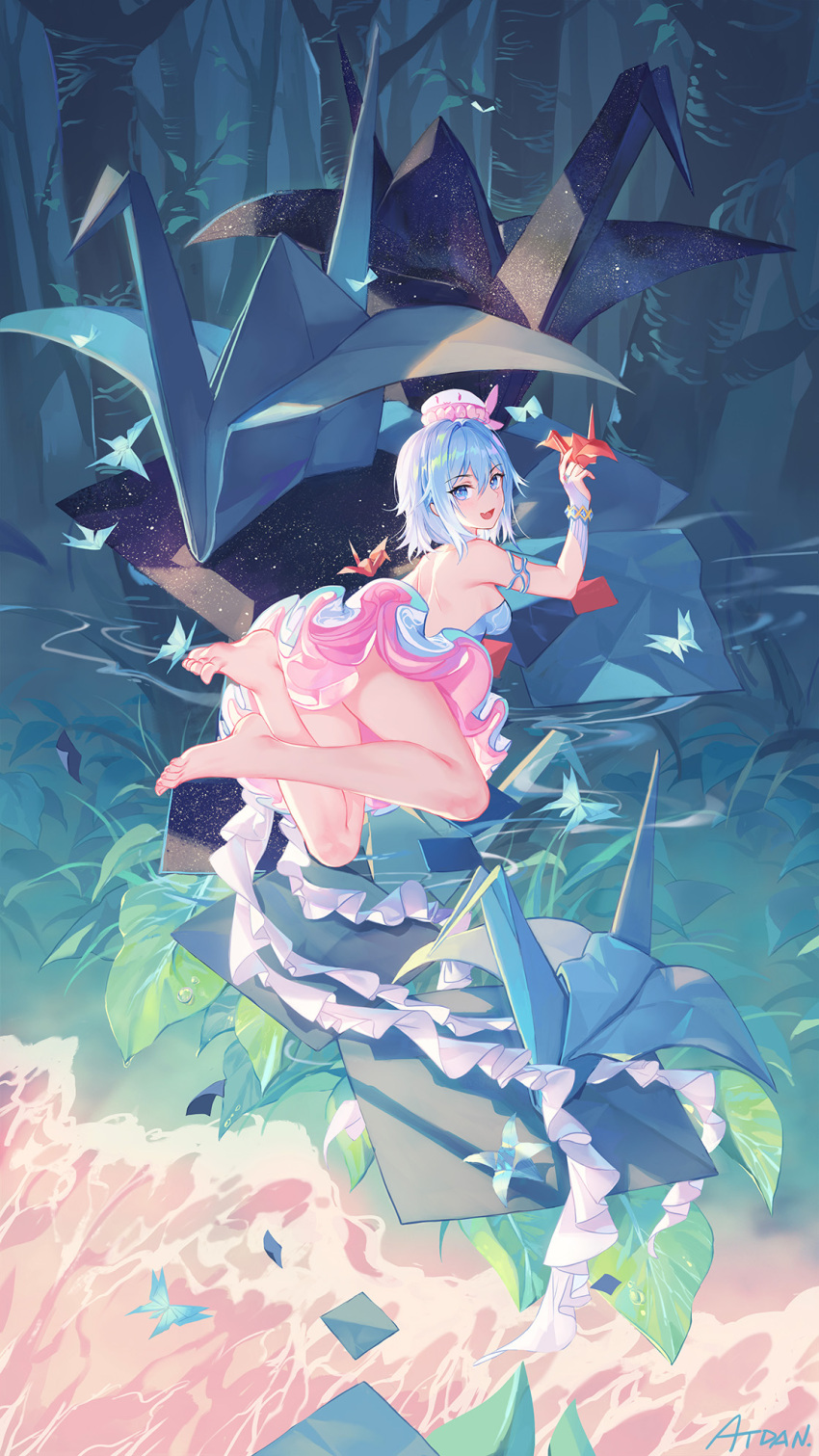 1girl :d artist_name atdan back bangs bare_legs barefoot blue_dress blue_eyes blue_hair breasts commentary dress fang feet forest hair_between_eyes haiyi hand_up hat highres holding jellyfish looking_at_viewer looking_back medium_breasts nature open_mouth origami paper_crane shoulder_blades sidelocks sleeveless sleeveless_dress smile solo starry_sky_print strapless strapless_dress synthesizer_v thighs