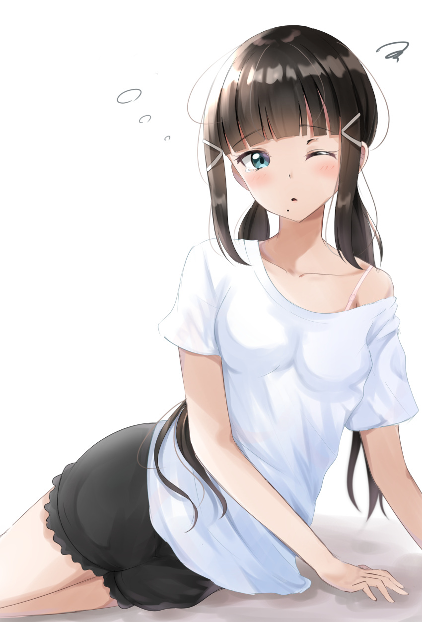 1girl absurdres bangs black_skirt blue_eyes blunt_bangs breasts brown_hair commentary_request eyebrows_visible_through_hair feet_out_of_frame hair_ornament hairclip head_tilt highres kurosawa_dia long_hair looking_at_viewer love_live! love_live!_sunshine!! low_twintails mole mole_under_mouth one_eye_closed parted_lips shadow shirt short_sleeves sin_(sin52y) skirt sleepy small_breasts solo squiggle tears twintails very_long_hair waking_up white_background white_shirt