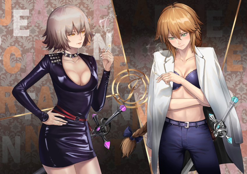 2girls absurdres belt blonde_hair blue_bow blue_bra bow bra braid breasts brown_eyes cigarette cleavage closed_mouth collar collarbone collared_shirt denim eyebrows eyebrows_visible_through_hair fate/grand_order fate_(series) frown green_eyes hand_on_hip highres holding holding_cigarette huge_filesize jeanne_d'arc_(alter)_(fate) jeanne_d'arc_(fate) jeanne_d'arc_(fate)_(all) jeans joe_(j_studio) large_breasts long_hair long_sleeves looking_away looking_down medium_breasts multiple_girls pants shirt short_hair smoke smoking spiked_collar spikes sword underwear very_long_hair weapon white_hair white_shirt