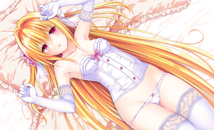1girl armpits arms_up bangs bare_shoulders bed_sheet blonde_hair blush bow breasts bustier cleavage collarbone commentary_request elbow_gloves eyebrows_visible_through_hair ffcreatyuuki flower frilled_pillow frills from_above gloves gluteal_fold hair_between_eyes hair_flower hair_intakes hair_ornament konjiki_no_yami lingerie long_hair looking_at_viewer lying on_back on_bed panties parted_lips pillow pink_bow pink_flower pink_rose redhead rose shinkaisei-kan smile solo straight_hair thigh-highs thigh_gap to_love-ru to_love-ru_darkness underwear underwear_only very_long_hair white_gloves white_panties