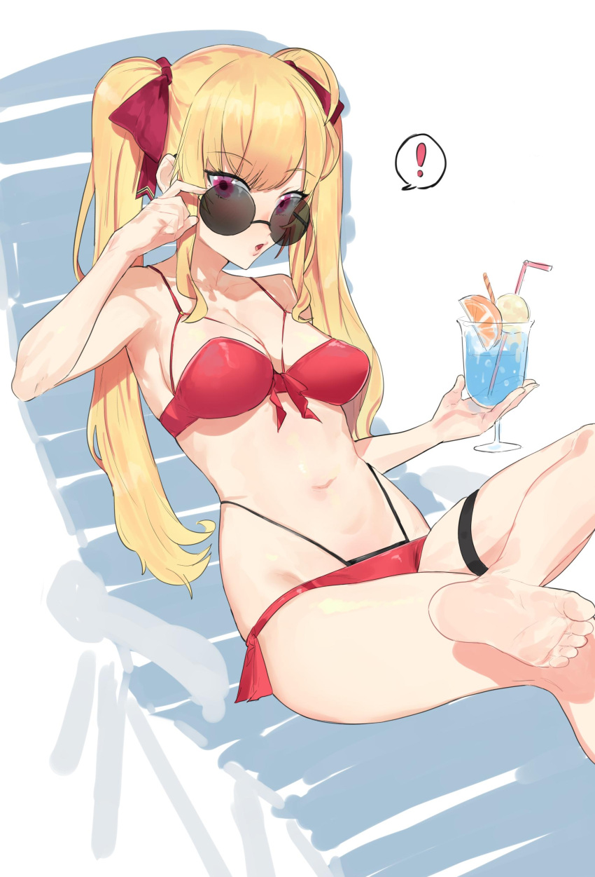 ! 1girl absurdres barefoot bikini blonde_hair breasts cleavage cup drinking_glass drinking_straw eyebrows_visible_through_hair food fruit highres long_hair looking_at_viewer lying medium_breasts on_back open_mouth orange orange_slice original red_bikini simple_background sitting solo spoken_exclamation_mark suisogenshi sunglasses swimsuit twintails very_long_hair violet_eyes white_background