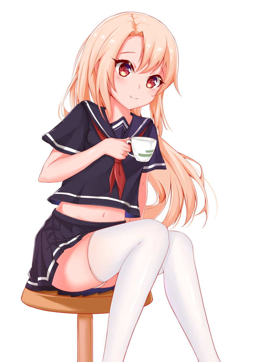 1girl absurdres ass black_shirt black_skirt blonde_hair blush chair commentary_request cup emiya-san_chi_no_kyou_no_gohan fate/kaleid_liner_prisma_illya fate/stay_night fate_(series) feet_out_of_frame flat_chest highres holding holding_cup illyasviel_von_einzbern long_hair looking_at_viewer navel panties red_eyes school_uniform shirt simple_background sitting skirt smile solo thigh-highs tming type-moon underwear white_background white_legwear white_panties