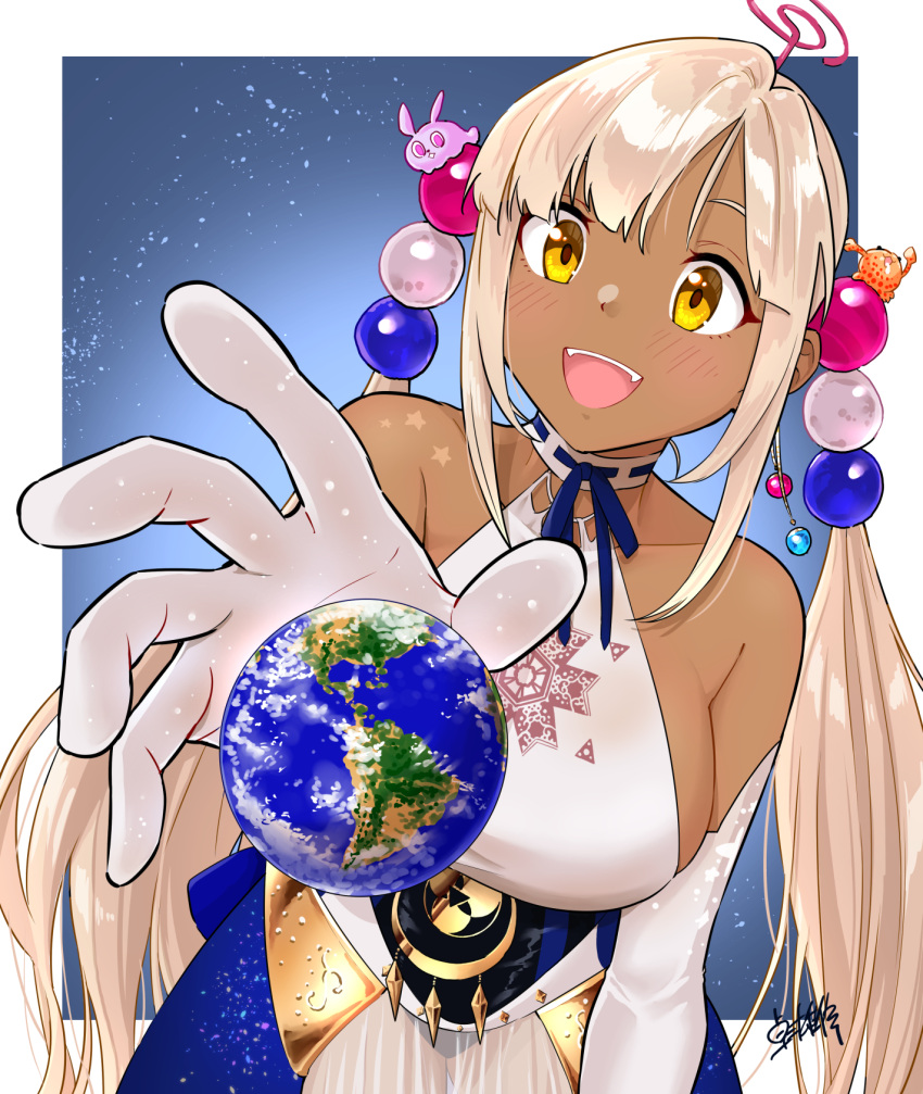 1girl breasts collarbone dark-skinned_female dark_skin earth_(planet) elbow_gloves gloves hair_ornament halter_top halterneck highres hololive hololive_english large_breasts light_brown_hair limiter_(tsukumo_sana) long_hair open_mouth planet planet_hair_ornament signature smile solo takuji_yuusaku tsukumo_sana twintails very_long_hair virtual_youtuber white_gloves yellow_eyes