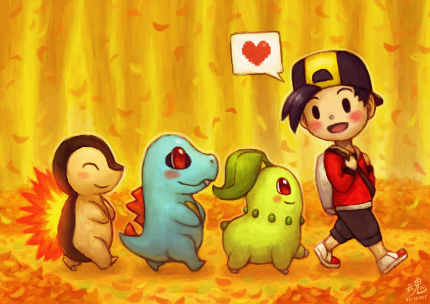 1boy autumn_leaves backpack backwards_hat bag baseball_cap black_hair blush chikorita closed_eyes commentary creature creatures_(company) cyndaquil english_commentary fangs following from_side game_freak gen_2_pokemon gold_(pokemon) hat heart highres long_sleeves nintendo outdoors pokemon pokemon_(creature) pokemon_following_person profile red_eyes ry-spirit shoes signature spoken_heart totodile walking