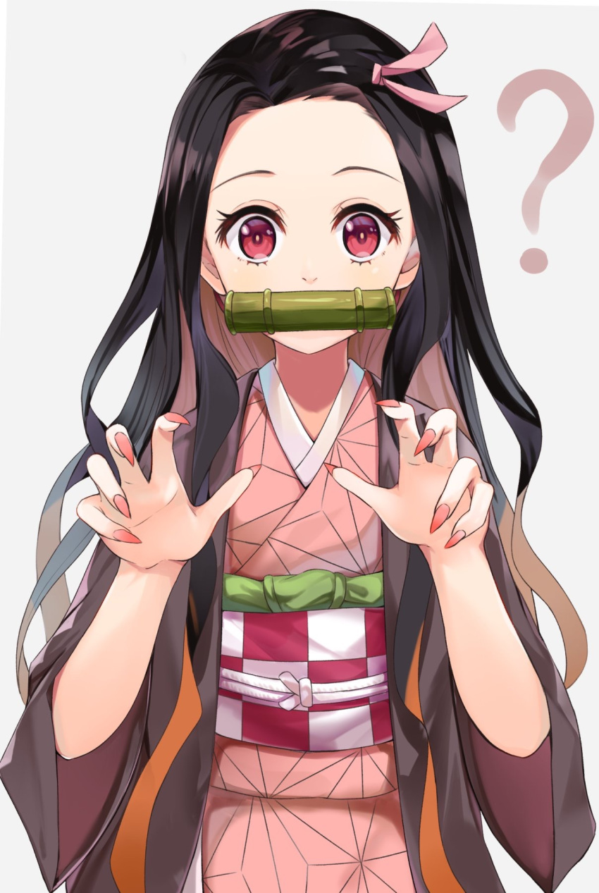 1girl ? bamboo black_hair brown_jacket claw_pose commentary_request fingernails hair_ribbon highres jacket japanese_clothes kamado_nezuko kimetsu_no_yaiba kimono kurokuro_illust long_hair looking_at_viewer mouth_hold nail_polish obi obijime oni pink_eyes pink_kimono pink_nails pink_ribbon ribbon sash sharp_fingernails simple_background solo upper_body very_long_hair wavy_hair white_background wide_sleeves