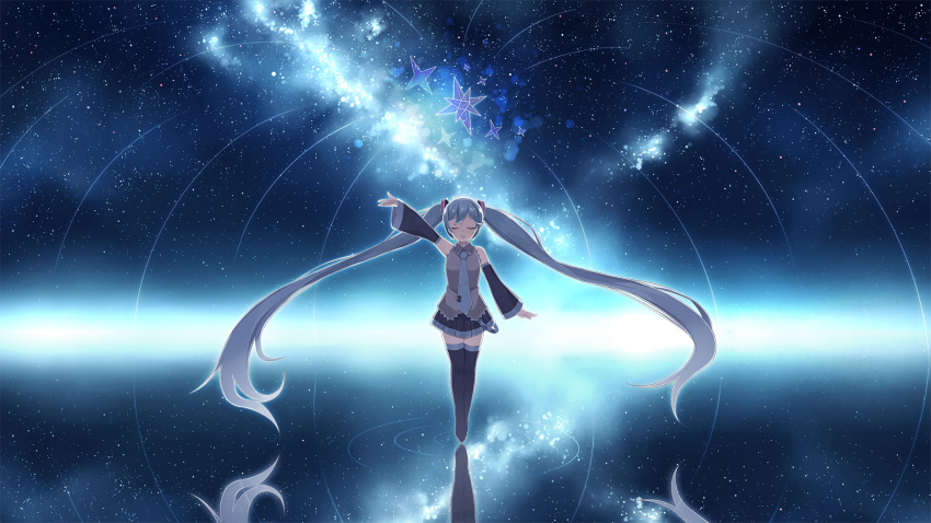 1girl arm_at_side arm_up backlighting black_skirt blue_hair blue_neckwear breasts closed_eyes detached_sleeves eyebrows_visible_through_hair grey_shirt hair_between_eyes hatsune_miku highres long_hair medium_breasts minasenagi necktie night night_sky open_mouth outstretched_arm pleated_skirt reflection ripples shirt skirt sky sleeveless sleeveless_shirt solo standing star star_(sky) starry_sky thigh-highs twintails very_long_hair vocaloid wide_shot zettai_ryouiki