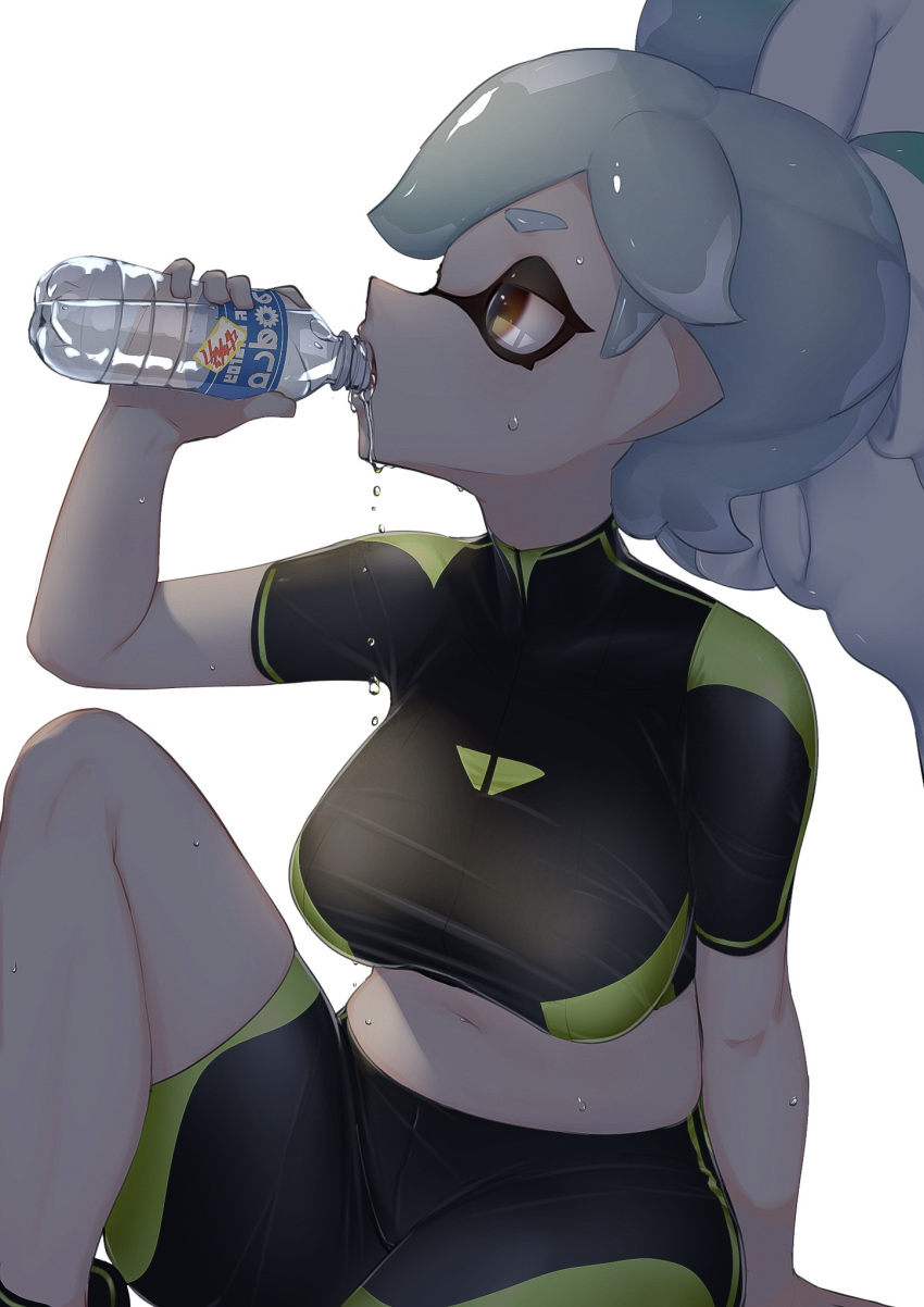1girl arm_support bangs black_shirt black_shorts bottle breasts brown_eyes covered_collarbone crop_top drinking green_shirt green_shorts grey_hair highres holding holding_bottle hotaru_(splatoon) kashu_(hizake) knee_up long_hair looking_away medium_breasts midriff monster_girl navel pointy_ears profile shade shiny shiny_hair shirt short_sleeves shorts simple_background sitting solo splatoon splatoon_(series) splatoon_1 sportswear tentacle_hair turtleneck water water_bottle water_drop wet wet_clothes wet_shirt white_background