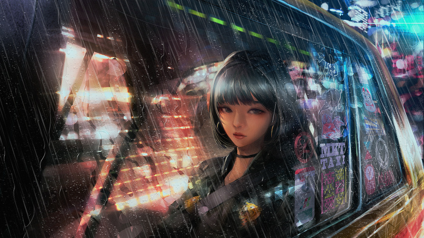 1girl black_choker black_eyes black_hair car choker city_lights commentary earrings english_commentary ground_vehicle highres hoop_earrings jewelry lips looking_out_window looking_to_the_side motor_vehicle night nose original rain reflection short_hair solo wataboku water_drop