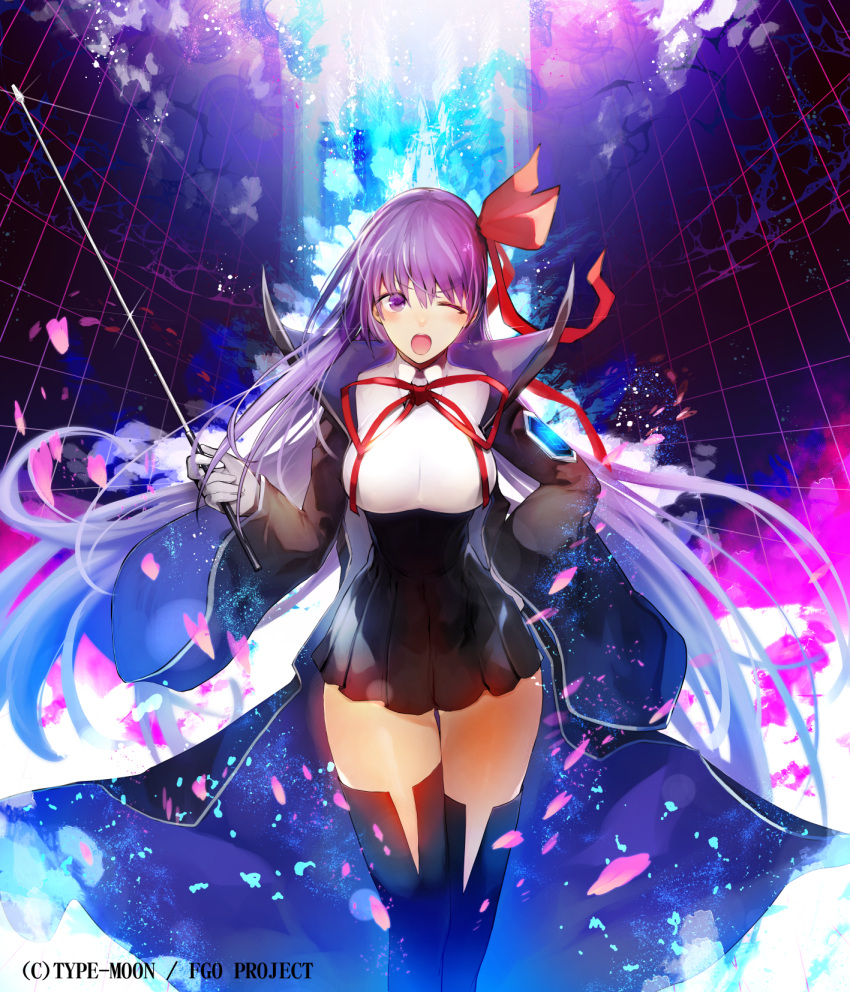 1girl ;o bangs bb_(fate)_(all) bb_(fate/extra_ccc) black_jacket black_legwear black_skirt blush breasts collared_shirt commentary_request eyebrows_visible_through_hair fate/extra fate/extra_ccc fate_(series) gloves grey_gloves hair_between_eyes hair_ribbon hand_on_hip highres holding jacket jewelry large_breasts long_hair long_sleeves miniskirt neck_ring nishiide_kengorou one_eye_closed open_clothes open_jacket open_mouth petals pleated_skirt purple_hair red_ribbon ribbon shirt skirt solo thigh-highs upper_teeth very_long_hair violet_eyes white_shirt wide_sleeves