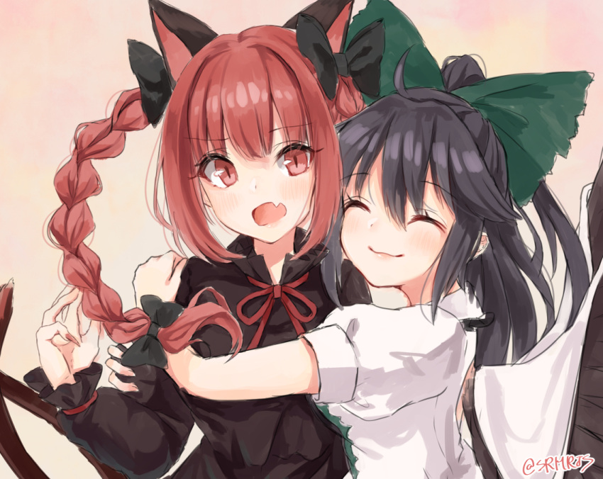 2girls animal_ears arm_up bird_wings black_dress black_hair blush bow braid cape cat_ears cat_tail closed_eyes commentary_request dress eyebrows_visible_through_hair fang feathered_wings fingernails hair_between_eyes hair_bow hand_on_another's_shoulder hug juliet_sleeves kaenbyou_rin long_hair long_sleeves looking_at_viewer multiple_girls multiple_tails nail_polish open_mouth pink_background ponytail puffy_short_sleeves puffy_sleeves red_eyes red_nails redhead reiuji_utsuho sharp_fingernails shiromoru_(yozakura_rety) shirt short_hair short_sleeves sketch skin_fang slit_pupils smile tail touhou twin_braids twitter_username upper_body white_shirt wings