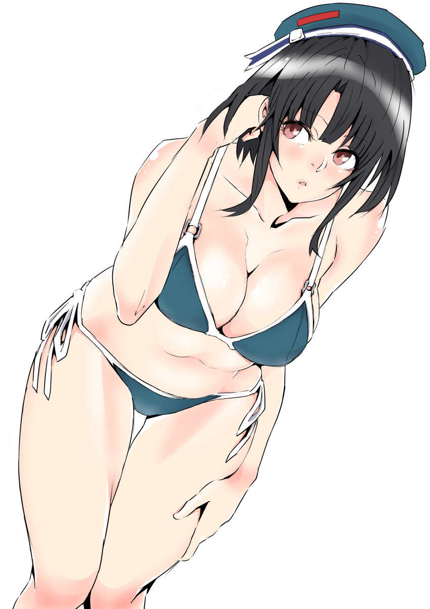 1girl absurdres beret bikini black_hair blunt-bangs breasts cleavage commentary_request curvy dutch_angle green_bikini hat highres kantai_collection kimuwaipu large_breasts parted_lips red_eyes short_hair side-tie_bikini solo swimsuit takao_(kantai_collection) thighs white_background