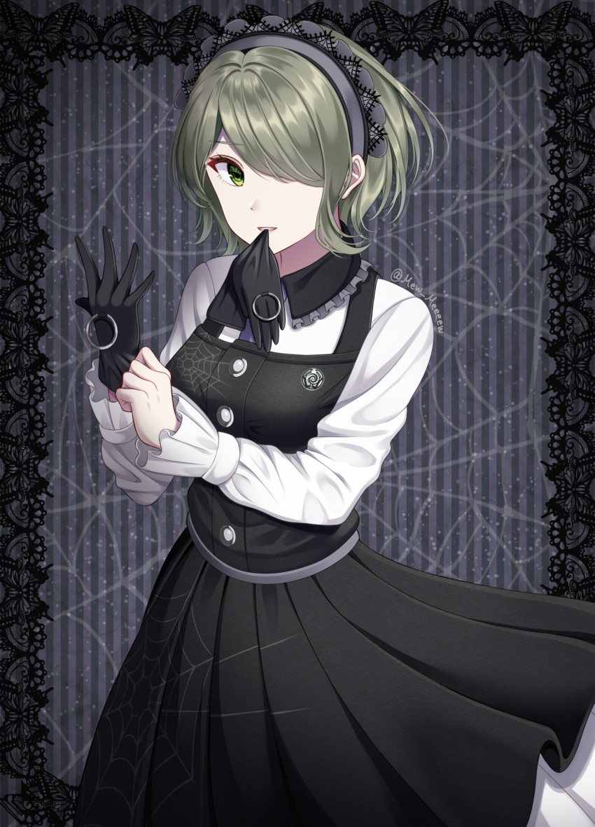 1girl artist_name black_dress black_gloves brown_hair commentary_request dangan_ronpa dress eyebrows_visible_through_hair gloves green_eyes hair_over_one_eye hairband headdress highres in_mouth long_sleeves looking_at_viewer maid maid_headdress nabekokoa new_dangan_ronpa_v3 pinafore_dress shirt short_hair smile solo spider_web_print striped teeth toujou_kirumi twitter_username