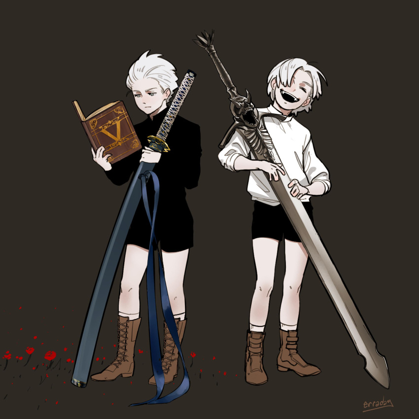 2boys absurdres book boots brown_background brown_footwear child closed_eyes closed_mouth dante_(devil_may_cry) devil_may_cry devil_may_cry_5 erraday flower frown highres holding holding_book holding_sword holding_weapon katana multiple_boys open_book open_eyes open_mouth reading red_flower rose scabbard sheath shorts signature simple_background smile sword vergil weapon white_hair