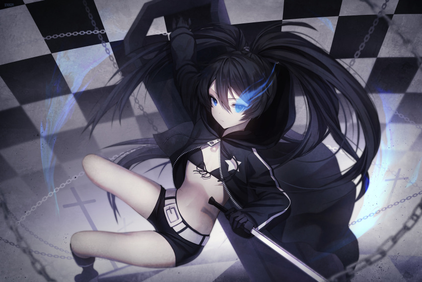 1girl absurdres belt black_bikini_top black_coat black_footwear black_gloves black_hair black_rock_shooter black_rock_shooter_(character) black_shorts blue_eyes boots burning_eye chains checkered coat cross flat_chest floating_hair front-tie_bikini front-tie_top gloves hair_between_eyes highres holding holding_sword holding_weapon hood hood_down hooded_coat inosia jumping knee_boots long_hair midriff navel open_clothes open_coat outstretched_arm short_shorts shorts solo stomach sword twintails unzipped very_long_hair weapon zipper