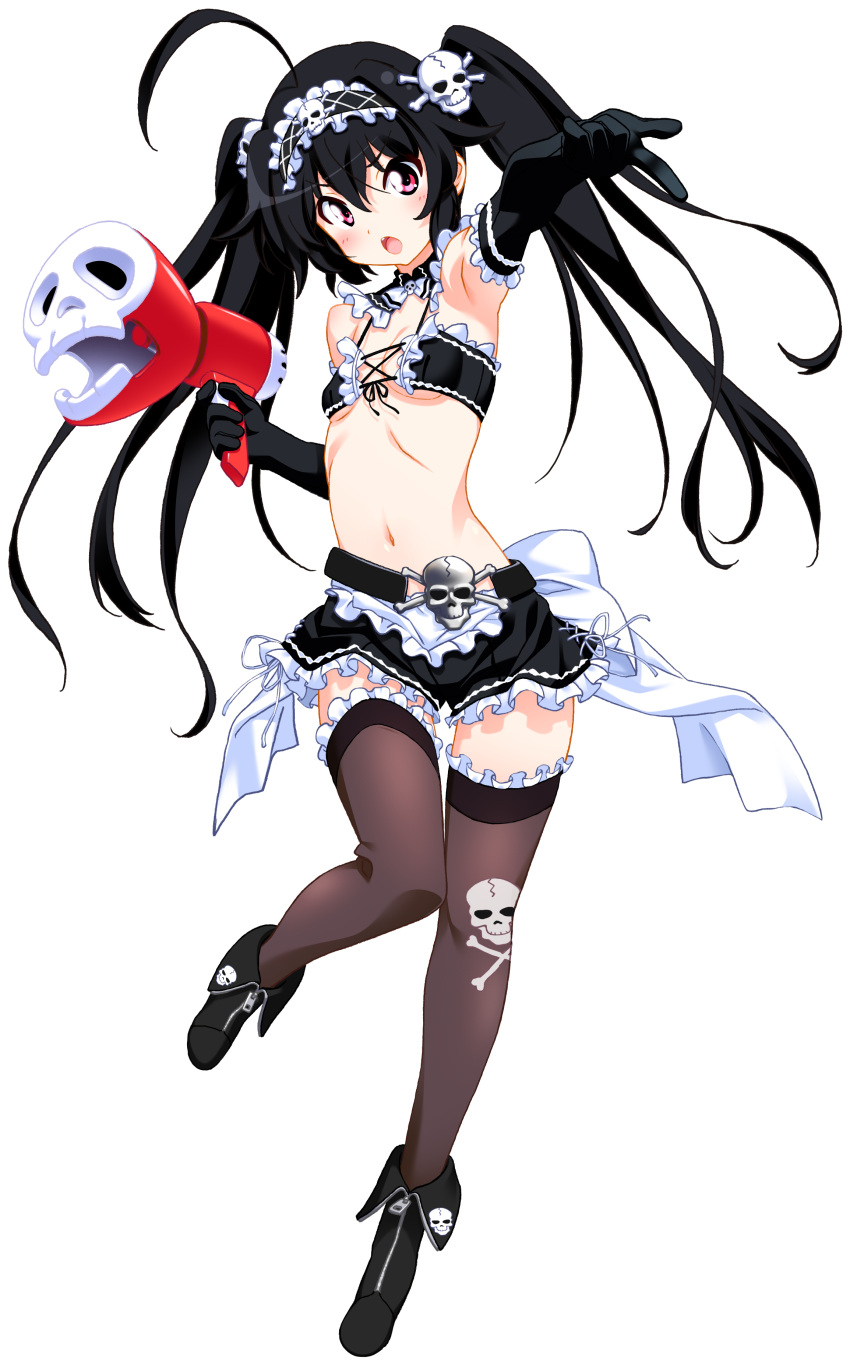 1girl absurdres ahoge black_footwear black_gloves black_hair blush breasts elbow_gloves full_body gloves hair_ornament headdress highres holding_megaphone kuuchuu_yousai long_hair megaphone navel open_mouth red_eyes skirt skull_hair_ornament skull_print small_breasts solo thigh-highs transparent_background twintails