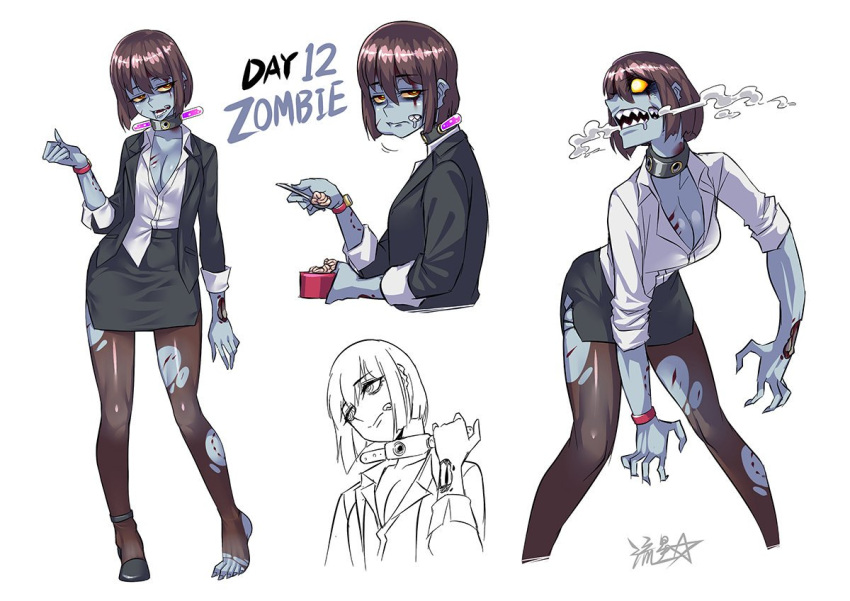 1girl bite_mark blue_skin brain breasts breath brown_hair chopsticks cleavage collar eating formal obentou office_lady open_mouth original pantyhose patchwork_skin ryuusei_(mark_ii) scar scratches sharp_teeth shirt short_hair simple_background skirt skirt_suit solo suit teeth torn_clothes torn_legwear undead watch yellow_eyes zombie