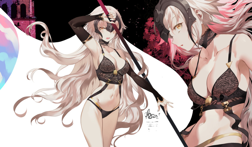 1girl bangs black_bra black_panties blonde_hair blush bra breasts choker cleavage detached_sleeves eyebrows_visible_through_hair fate/apocrypha fate/grand_order fate_(series) floating_hair groin headpiece holding janne_d'arc jeanne_d'arc_(alter)_(fate) jeanne_d'arc_(fate)_(all) large_breasts lingerie long_hair looking_at_viewer multiple_views navel open_mouth panties parted_lips salmon88 sidelocks silver_hair stomach toned tsurime underwear yellow_eyes