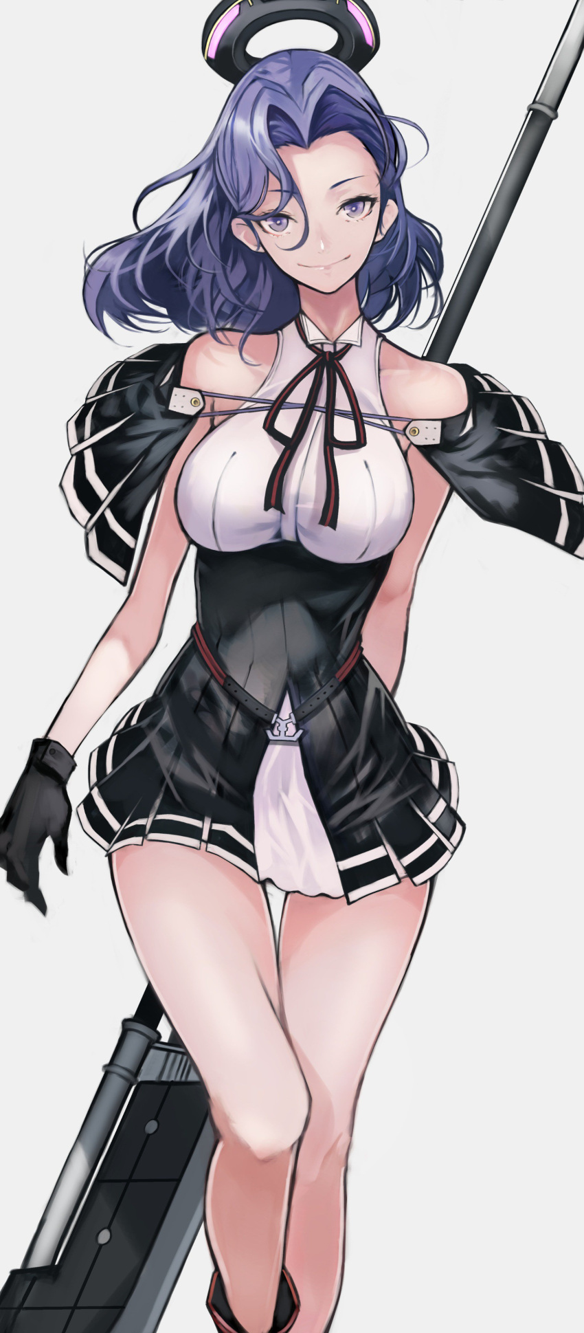 1girl 55level absurdres armpits black_gloves black_skirt breasts commentary covered_navel dress_shirt glaive gloves grey_background grey_capelet hair_intakes high-waist_skirt highres holding_polearm kantai_collection large_breasts looking_at_viewer mechanical_halo miniskirt neck_ribbon pleated_skirt polearm purple_hair remodel_(kantai_collection) ribbon school_uniform shirt short_hair skirt sky sleeveless sleeveless_shirt smile solo striped striped_ribbon tatsuta_(kantai_collection) violet_eyes weapon white_shirt