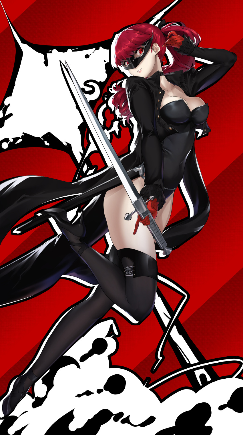 1girl absurdres bangs black_choker black_footwear black_jacket black_legwear black_leotard breasts choker cleavage collarbone covered_navel frilled_sleeves frills fujitsubo_(hujitubo0731) full_body gloves head_tilt high_heels highres holding holding_sword holding_weapon huge_filesize jacket leg_up leotard long_sleeves looking_at_viewer mask medium_breasts open_clothes open_jacket parted_lips persona_5_the_royal ponytail red_background red_eyes red_gloves redhead sheath smile solo strapless strapless_leotard sword thigh-highs unsheathed weapon yoshizawa_kasumi
