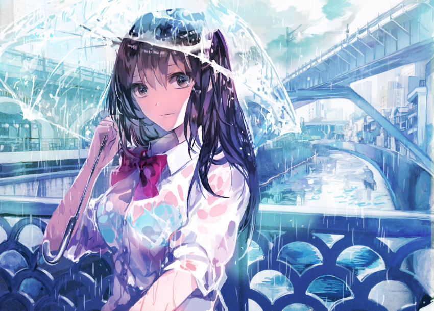 1girl bangs black_eyes black_hair blue_bra blue_theme bow bowtie bra buttons canal city cityscape closed_mouth collared_shirt commentary_request day dress_shirt hand_up highres holding holding_umbrella long_hair looking_at_viewer original outdoors rain red_neckwear rioka_(southern_blue_sky) school_uniform see-through shirt short_sleeves solo transparent transparent_umbrella umbrella underwear upper_body water wet wet_clothes wet_shirt white_shirt