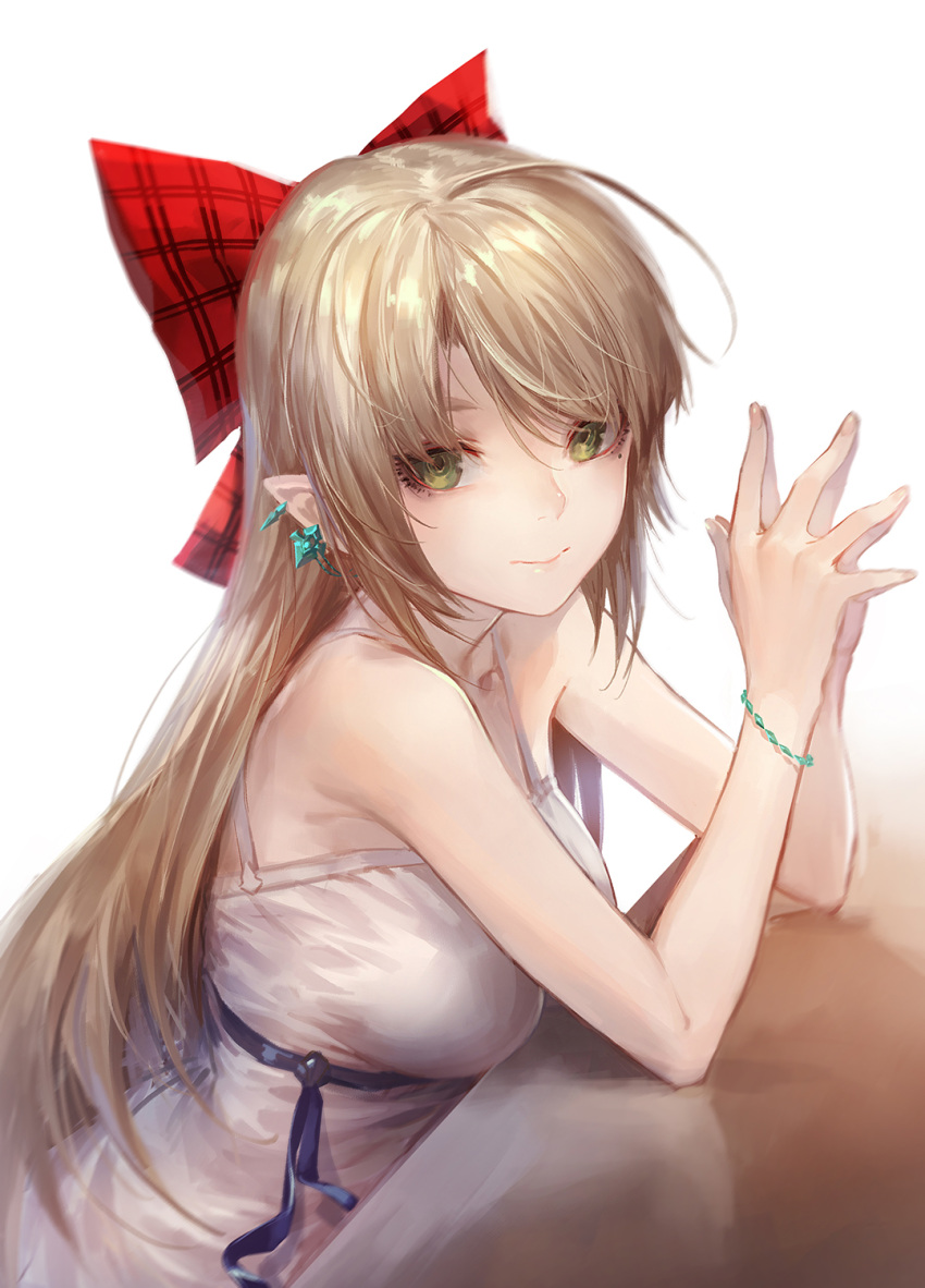 1girl ahoge bare_arms bare_shoulders blush bow bracelet breasts closed_mouth commentary_request dress earrings elf from_side green_eyes hair_bow highres jewelry large_breasts long_hair looking_at_viewer looking_to_the_side luen_kulo original plaid plaid_bow pointy_ears red_bow simple_background sleeveless sleeveless_dress smile solo table white_background white_dress