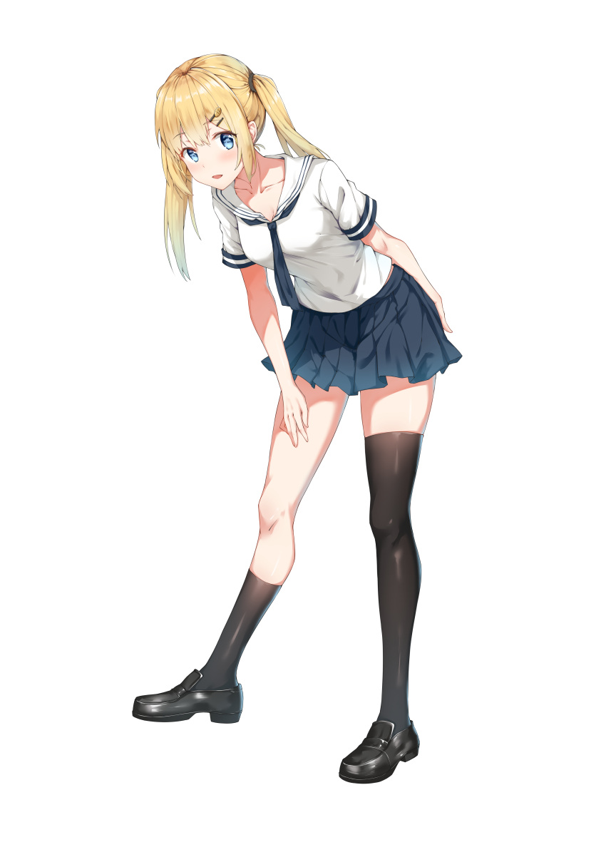 1girl :d absurdres asymmetrical_legwear bangs black_legwear blonde_hair blue_eyes blush breasts collarbone eyebrows_visible_through_hair hair_ornament hairclip hand_on_own_ass hand_on_own_thigh head_tilt highres itetsuku_suika leaning_forward legs_apart loafers looking_at_viewer midriff_peek neckerchief open_mouth original pleated_skirt sailor_collar school_uniform serafuku shiny shiny_clothes shiny_skin shoes short_sleeves sidelocks simple_background single_thighhigh skirt smile standing thigh-highs twintails zettai_ryouiki