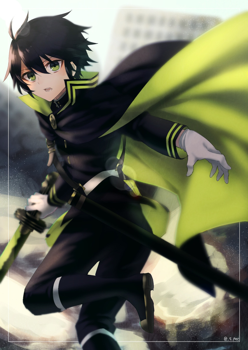 1boy ahoge black_cape black_hair black_jacket black_pants blurry blurry_background cape day gloves green_eyes hair_between_eyes highres holding holding_sword holding_weapon hyakuya_yuuichirou jacket katana kiri_ph leg_up lens_flare looking_at_viewer male_focus military military_jacket military_uniform open_mouth outdoors outstretched_arm owari_no_seraph pants running sheath short_hair solo sword twitter_username uniform unsheathed weapon white_gloves