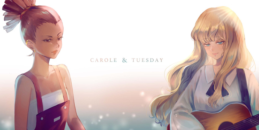 1girl blonde_hair carole_&amp;_tuesday carole_stanley dark_skin earrings guitar highres instrument jewelry overalls simple_background sleeveless tuesday_simmons whitetown