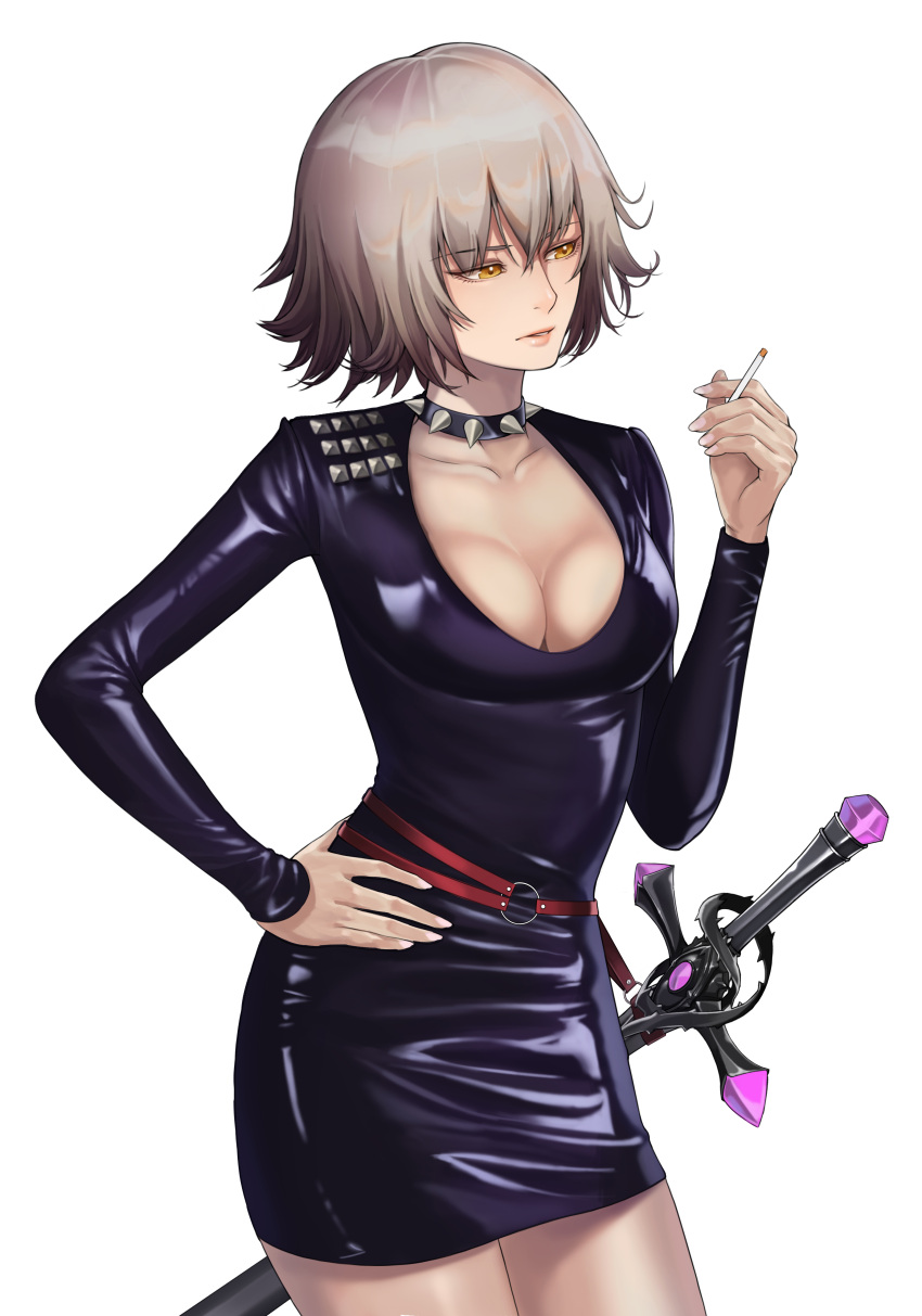 1girl absurdres breasts brown_eyes cigarette cleavage collar collarbone eyebrows_visible_through_hair fate/grand_order fate_(series) hand_on_hip highres holding holding_cigarette huge_filesize jeanne_d'arc_(alter)_(fate) jeanne_d'arc_(fate)_(all) joe_(j_studio) large_breasts long_sleeves looking_away short_hair smoking solo spiked_collar spikes sword weapon white_hair