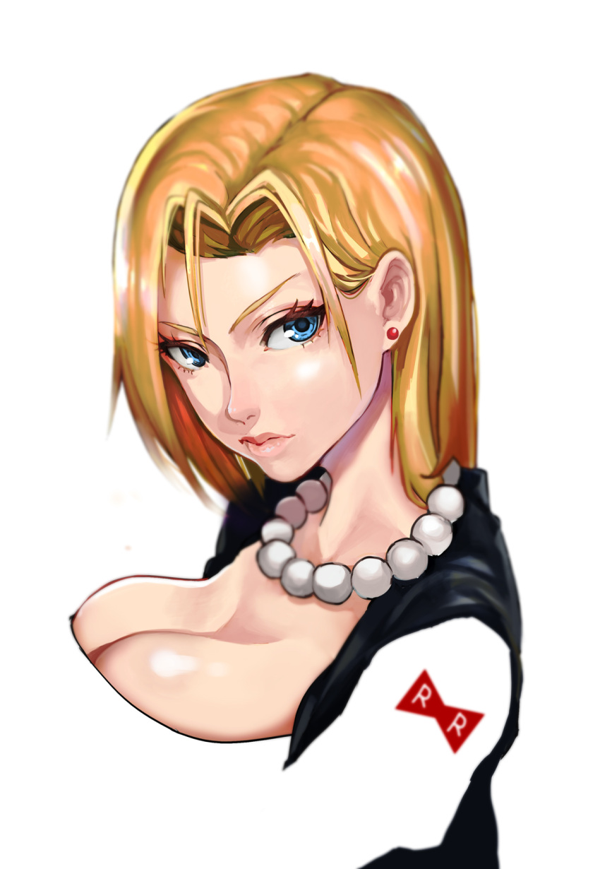 1girl android_18 blonde_hair blue_eyes breasts cleavage closed_mouth commentary_request dragon_ball dragonball_z earrings highres jewelry laio large_breasts looking_at_viewer short_hair simple_background solo white_background