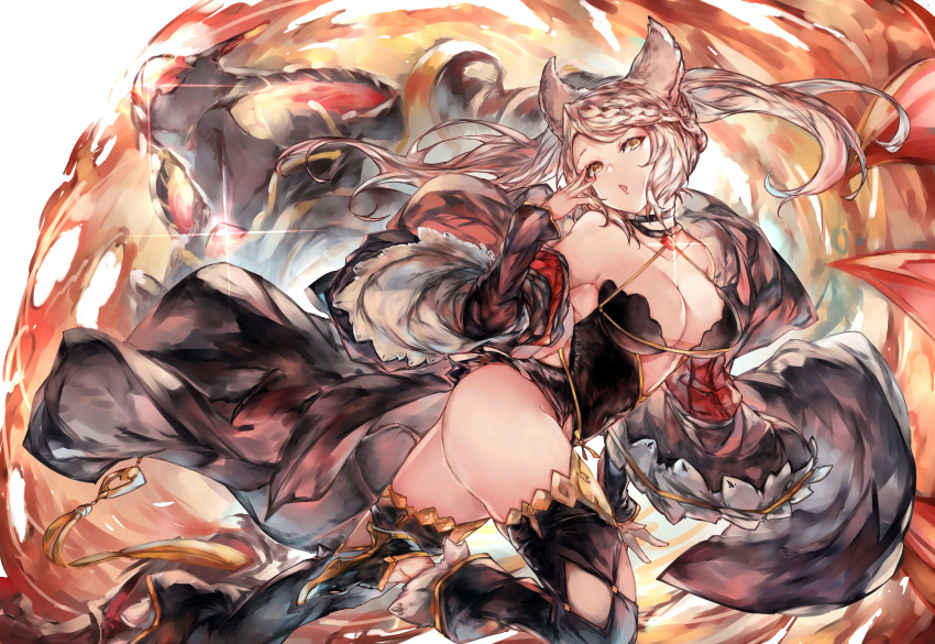1girl animal_ears braid breasts cleavage cloak erune fire fraux granblue_fantasy highres large_breasts mi_bait off_shoulder thigh-highs twintails white_hair wide_sleeves