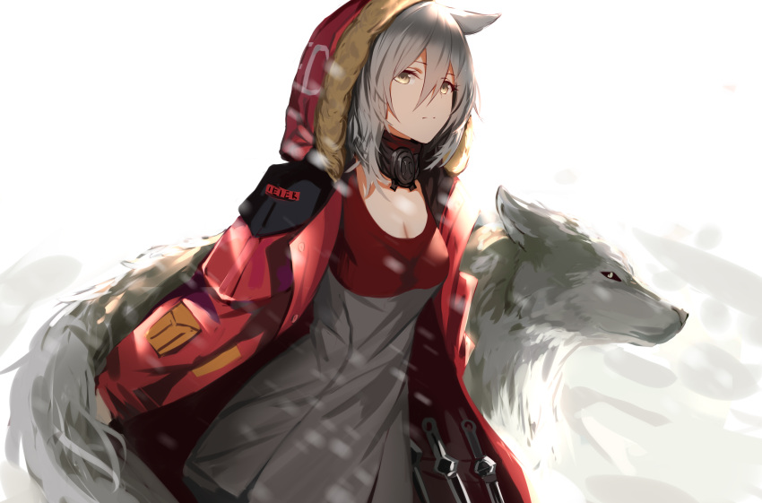 1girl absurdres animal_ears arknights bangs breasts choker cleavage coat commentary_request dress expressionless fur-trimmed_coat fur_trim grey_hair hair_between_eyes higandgk highres hood hood_up hooded_coat long_hair medium_breasts messy_hair projekt_red_(arknights) red_coat revision sidelocks two-tone_dress wolf_ears yellow_eyes