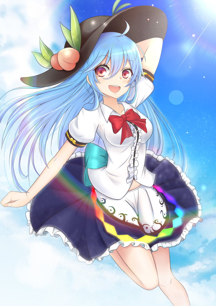 1girl :d absurdres ahoge arm_behind_head arm_up black_headwear blouse blue_hair blue_sky breasts chinese_commentary clouds commentary_request day diffraction_spikes eyebrows_visible_through_hair folded_leg food foot_out_of_frame fruit hair_between_eyes hat highres hinanawi_tenshi layered_skirt leaf leg_lift lens_flare long_hair looking_at_viewer medium_breasts midriff_peek neck_ribbon open_mouth outdoors peach puffy_short_sleeves puffy_sleeves rainbow rainbow_gradient red_eyes red_neckwear ribbon short_sleeves sky smile solo sun touhou upper_teeth very_long_hair white_blouse zeukiar