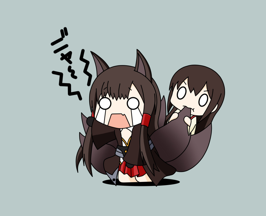 0_0 2girls absurdres akagi_(azur_lane) akagi_(kantai_collection) animal_ears azur_lane black_kimono blue_background commentary_request crossover eating fox_ears fox_girl fox_tail full_body hakama_skirt highres japanese_clothes kantai_collection kimono kinoko_(benitengudake) long_hair multiple_girls multiple_tails namesake o_o red_skirt simple_background skirt tail tears white_kimono wide_sleeves