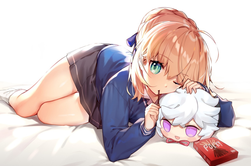 1girl aqua_eyes artoria_pendragon_(all) bangs bed_sheet black_skirt blonde_hair blue_ribbon blue_shirt braided_bun character_doll character_request cute doll eyebrows_visible_through_hair fate/stay_night fate_(series) hair_ribbon kamiowl long_sleeves looking_at_viewer lying miniskirt on_bed on_side one_eye_closed pleated_skirt pocky ribbon saber school_uniform shirt short_hair simple_background skirt solo type-moon white_background white_legwear