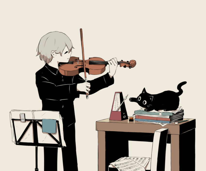 1boy avogado6 black_cat black_pants black_shirt book bow_(instrument) cat chair closed_eyes collared_shirt commentary_request desk dress_shirt eraser grey_hair holding holding_instrument instrument long_sleeves male_focus metronome music music_stand original pants parted_lips pencil playing_instrument profile sheet_music shirt short_hair simple_background smile solo standing violin violin_bow white_background white_skin wing_collar