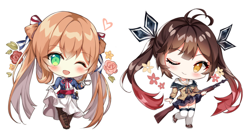 2girls ;) ;d antenna_hair bangs battle_rifle black_ribbon blue_jacket blue_skirt blush boots bow brown_eyes brown_footwear brown_hair brown_jacket brown_legwear chibi closed_mouth cross-laced_footwear cup dress eyebrows_visible_through_hair flower girls_frontline gloves gradient_hair gun hair_between_eyes hair_bow hair_ribbon hair_rings head_tilt heart holding holding_cup holding_gun holding_weapon jacket lace-up_boots loafers long_hair long_sleeves m14 m14_(girls_frontline) m1903_springfield_(girls_frontline) multicolored_hair multiple_girls narae object_namesake off_shoulder one_eye_closed open_mouth pink_flower pink_rose pleated_skirt red_flower red_rose redhead ribbon rifle rose shirt shoes simple_background skirt smile standing standing_on_one_leg striped striped_bow teacup thigh-highs thigh_boots twintails very_long_hair weapon white_background white_dress white_gloves white_legwear white_shirt
