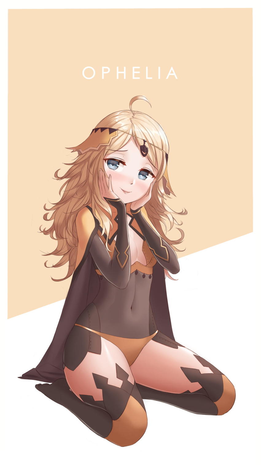 1girl absurdres ahoge awan97 blonde_hair blue_eyes blush breasts cape center_opening character_name closed_mouth covered_navel fire_emblem fire_emblem_if full_body hands_on_own_face highres long_hair nintendo ophelia_(fire_emblem_if) simple_background sitting smile solo